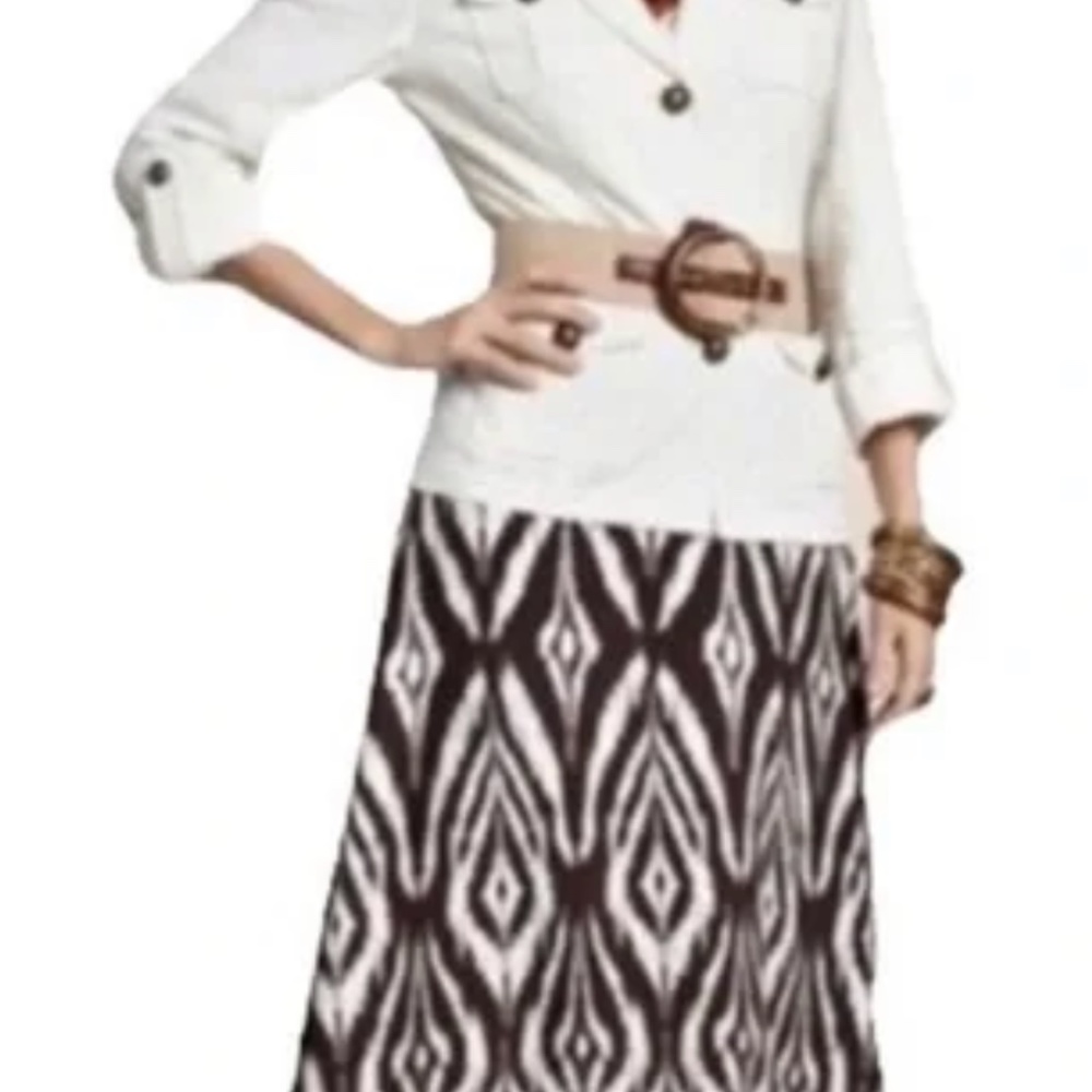 Chico’s 2 Diamond Ikat A-Line Maxi Skirt, Cocoa Brown and White